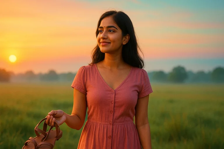 సూర్యోదయం కాంతిలో పచ్చిక బయలులో చెప్పులు చేతిలో పట్టుకుని చిరునవ్వుతో నిలబడి ఉన్న తెలుగు యువతి