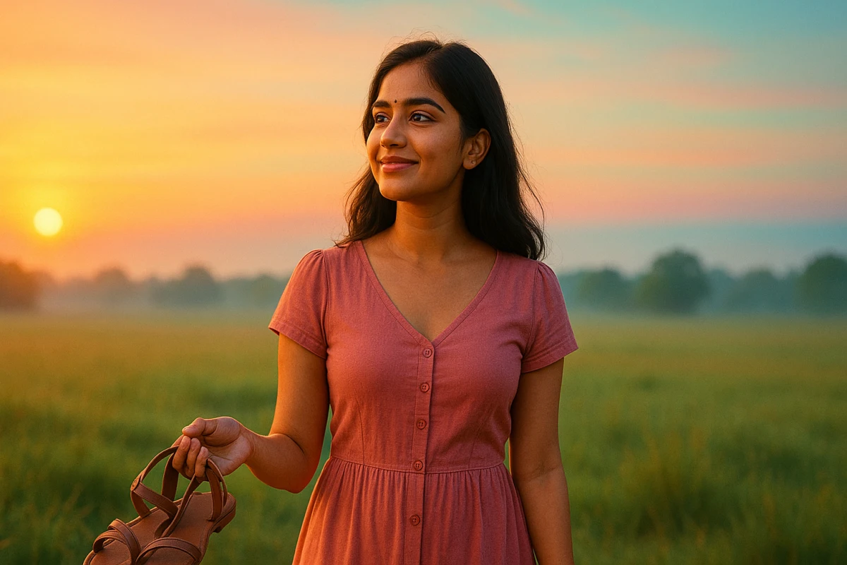 సూర్యోదయం కాంతిలో పచ్చిక బయలులో చెప్పులు చేతిలో పట్టుకుని చిరునవ్వుతో నిలబడి ఉన్న తెలుగు యువతి