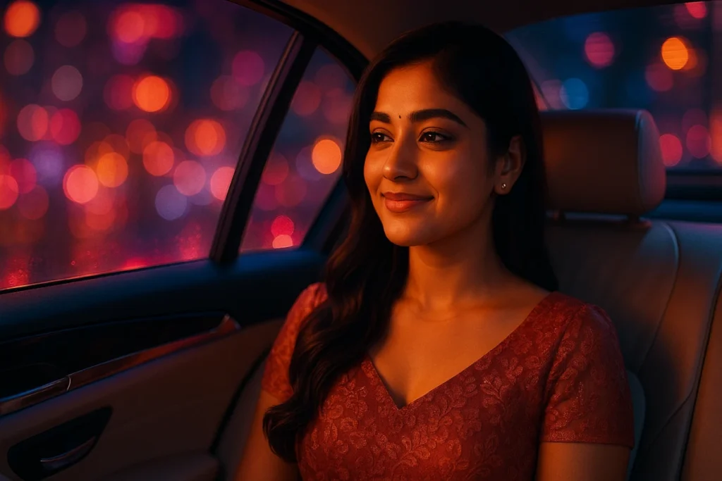 రాత్రి నగర కాంతుల్లో కారులో కిటికీ పక్కన కూర్చుని ప్రశాంతంగా నవ్వుతున్న తెలుగు యువతి
