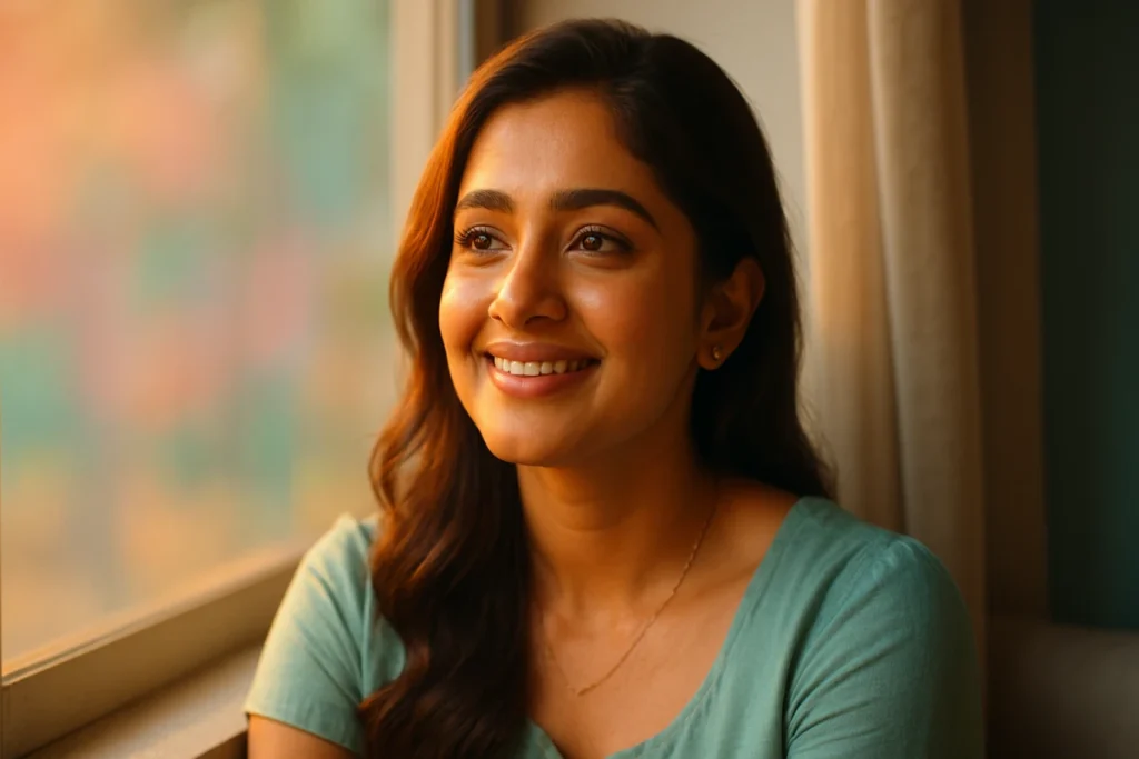 కిటికీ దగ్గర కూర్చుని సున్నితమైన చిరునవ్వుతో బయటకి చూస్తున్న తెలుగు యువతి