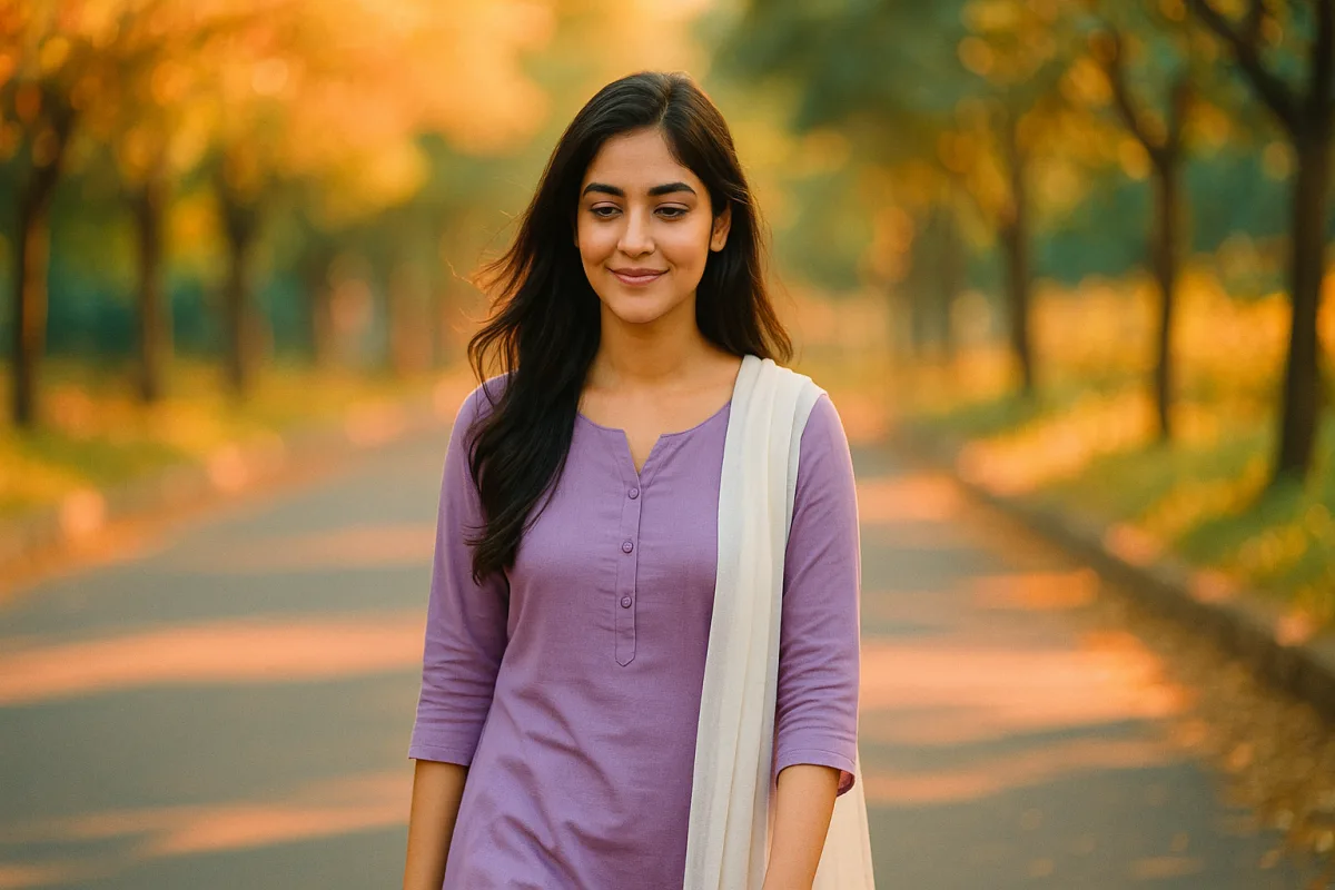 వేసవి సాయంత్రం రోడ్డుపై నడుస్తూ ప్రశాంతంగా చిరునవ్వుతో ఉన్న యువతి