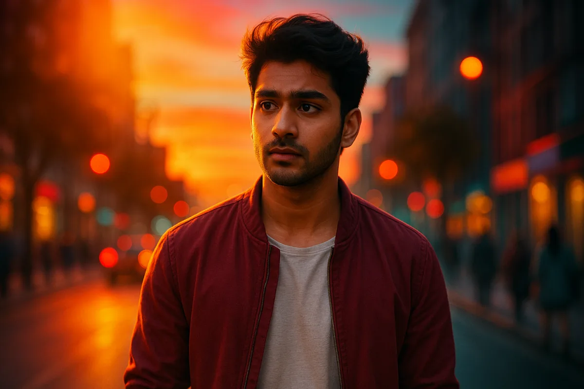 సూర్యాస్తమయం సమయంలో రోడ్డుపై నడుస్తూ లోలోపల బాధ దాచుకున్న యువకుడు