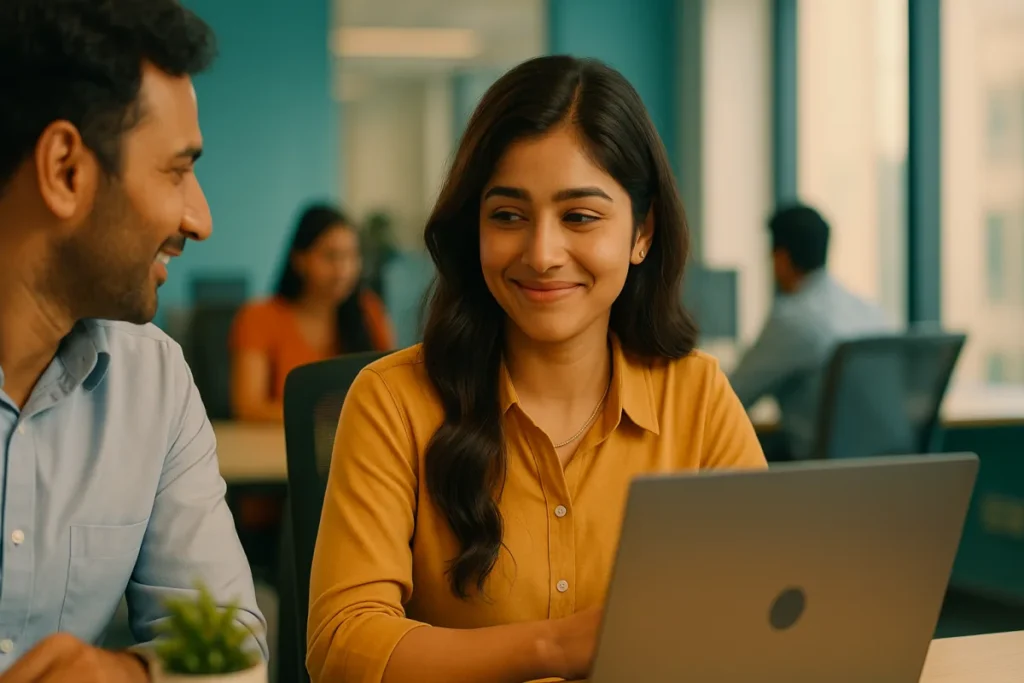 ఆఫీస్లో సహోద్యోగితో మాట్లాడుతుండగా సిగ్గుగా నవ్వుతున్న అమ్మాయి.