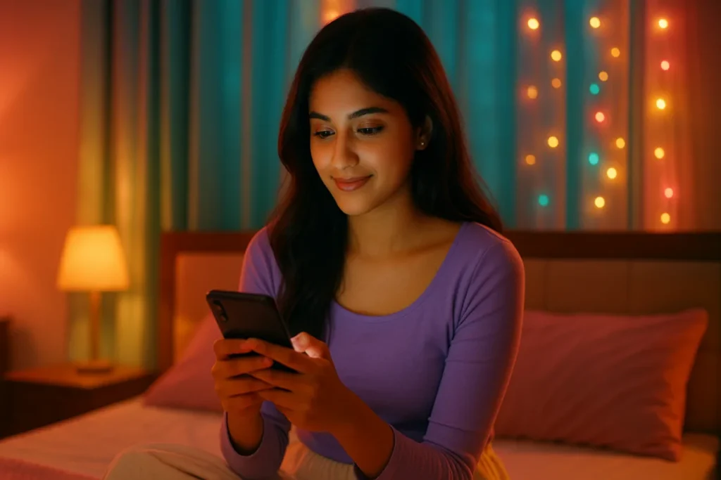 గది వెలుగుల్లో ఫోన్‌ చూస్తూ తీయగా నవ్వుతున్న యువతి