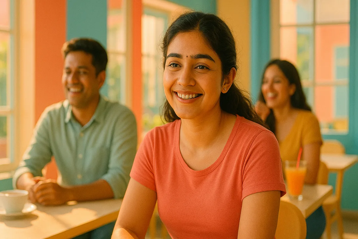 కేఫ్‌లో స్నేహితులతో కూర్చుని నవ్వుతున్నా, కళ్లలో దాగిన ఆలోచనలతో ఉన్న తెలుగు అమ్మాయి