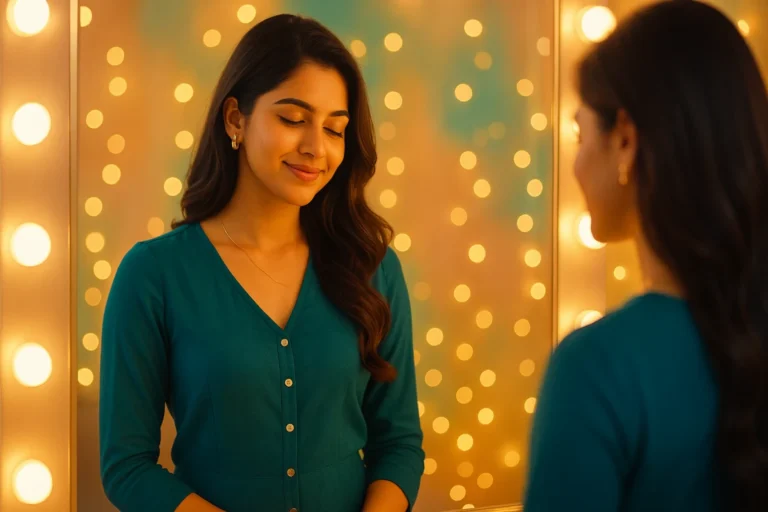 బంగారు లైట్ల ముందు అద్దం ఎదుట కళ్లును మూసుకుని చిరునవ్వుతో నిలబడి ఉన్న తెలుగు యువతి