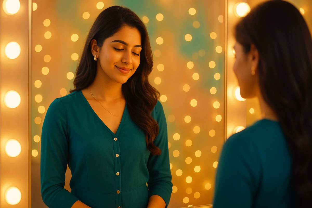 బంగారు లైట్ల ముందు అద్దం ఎదుట కళ్లును మూసుకుని చిరునవ్వుతో నిలబడి ఉన్న తెలుగు యువతి