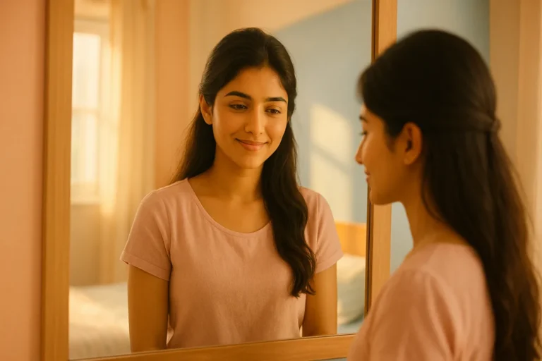 అద్దం ముందు తనను తాను సంతోషంగా చూస్తున్న యువ తెలుగు అమ్మాయి.