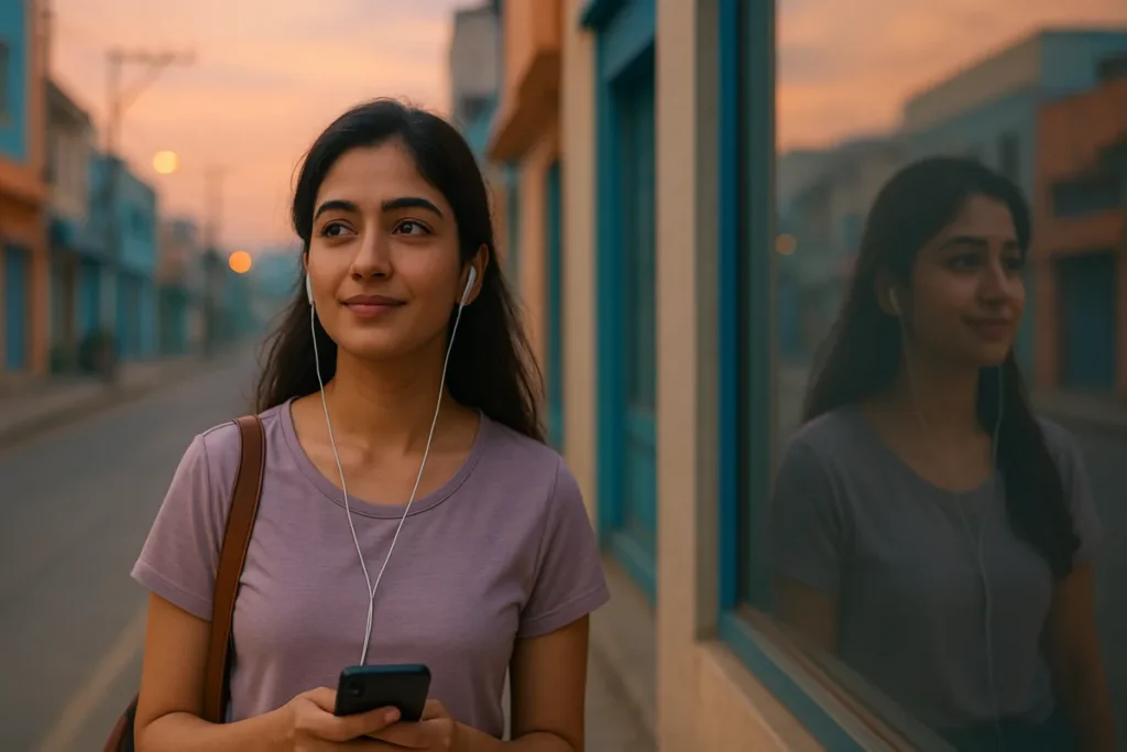 సాయంత్రం వీధిలో ఇయర్‌ఫోన్లు పెట్టుకుని ప్రశాంతంగా నడుస్తూ సంగీతం వింటున్న తెలుగు అమ్మాయి.
