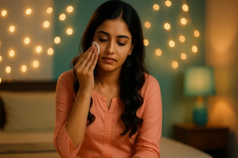 లైట్లు వెలుగుతున్న గదిలో అద్దం ముందు నిశ్శబ్దంగా కూర్చొని ఉన్న యువతి