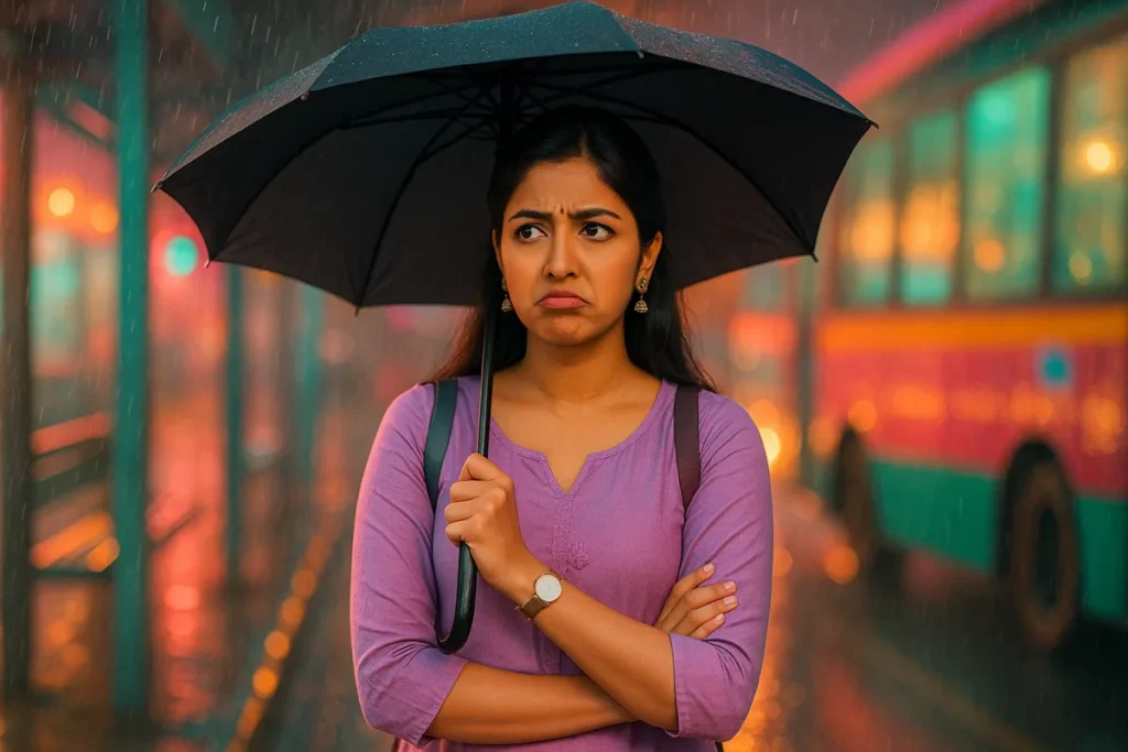 వర్షంలో అంబ్రెలా పట్టుకుని అసహనంగా బస్‌ కోసం వేచిచూస్తున్న యువతి