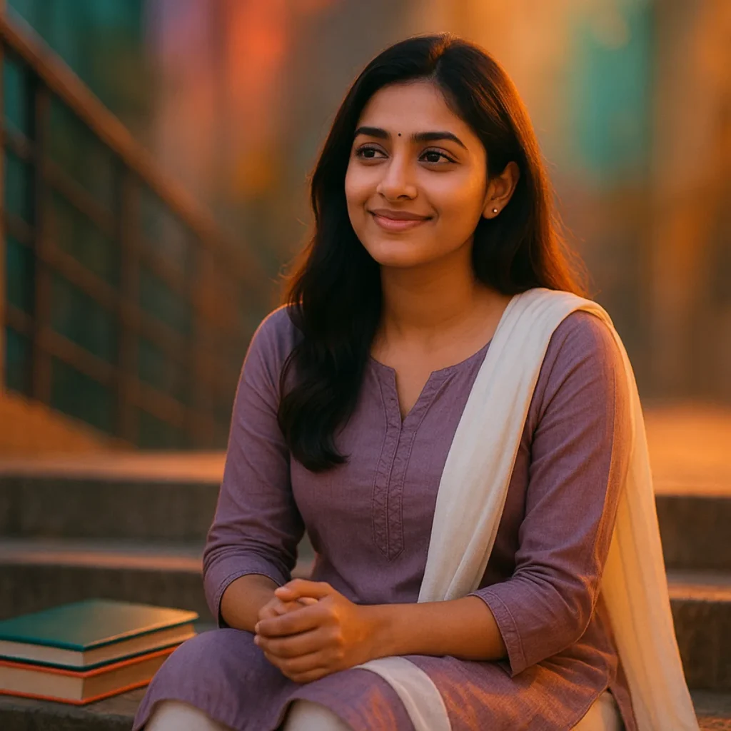 సూర్యాస్తమయం సమయంలో నోట్బుక్ పట్టుకుని దూరంగా చూస్తూ ప్రశాంతంగా నిలబడి ఉన్న యువతి