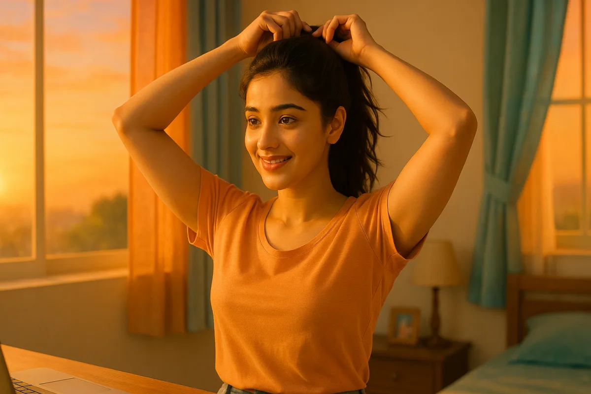 ఉదయపు కాంతుల్లో జుట్టు కట్టుకుంటూ ఉత్సాహంగా నవ్వుతున్న యువ తెలుగు అమ్మాయి