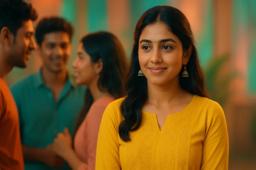 చుట్టూ ఉన్నవాళ్లు మాట్లాడుతుంటే, మౌనంగా నవ్వుతో తన ఒంటరితనాన్ని దాచుకునే యువతి