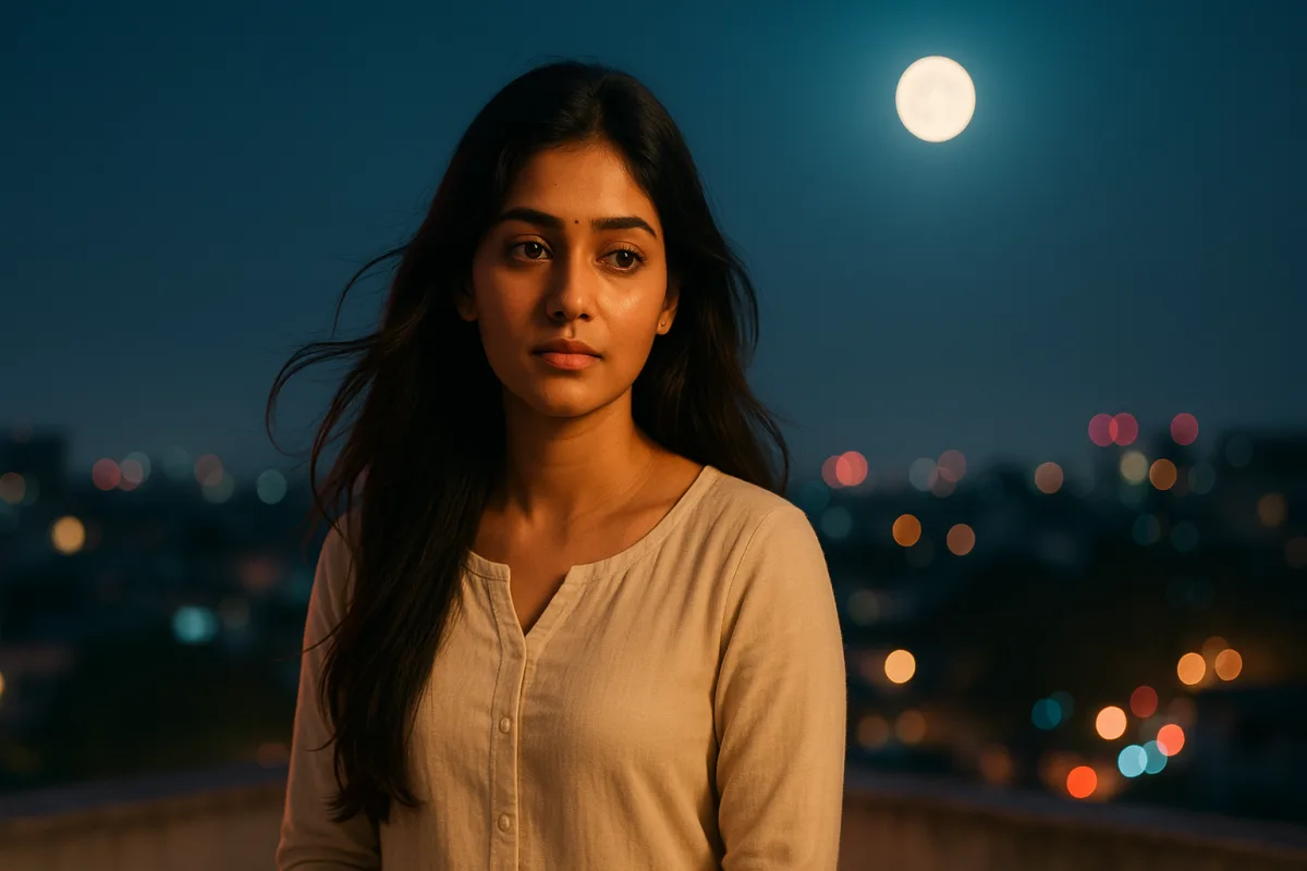 పూర్ణ చంద్రుడు వెలుగులో బాల్కనీలో నిలబడి నిశ్శబ్దంగా ఆలోచిస్తున్న యువతి