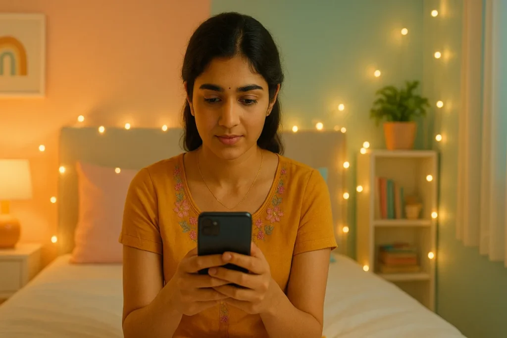 ఫెయిరీ లైట్స్ మధ్య తన ఫోన్ చూస్తున్న యువ తెలుగు అమ్మాయి, ముఖంలో మెల్లని భావం.