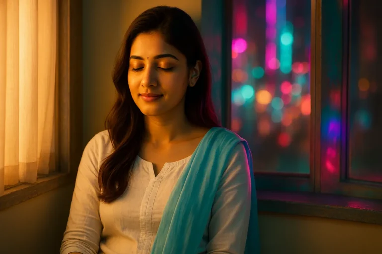 విండో దగ్గర కూర్చొని కళ్ళు మూసుకుని ప్రశాంతంగా ఉన్న యువతి, వెలుగుల వెనుక రంగుల ప్రతిబింబం