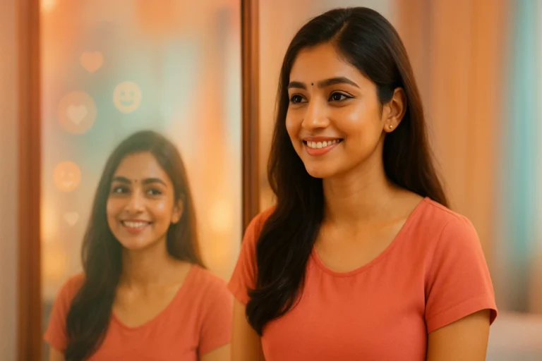 అద్దం ఎదుట చిరునవ్వుతో నిలబడి ఉన్న యువతి, ప్రతిబింబంలో కూడా చిరునవ్వు కనపడుతోంది