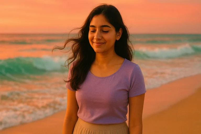 సముద్రతీరంలో సూర్యాస్తమయం కాంతిలో ప్రశాంతంగా నవ్వుతో నడుస్తున్న యువతి