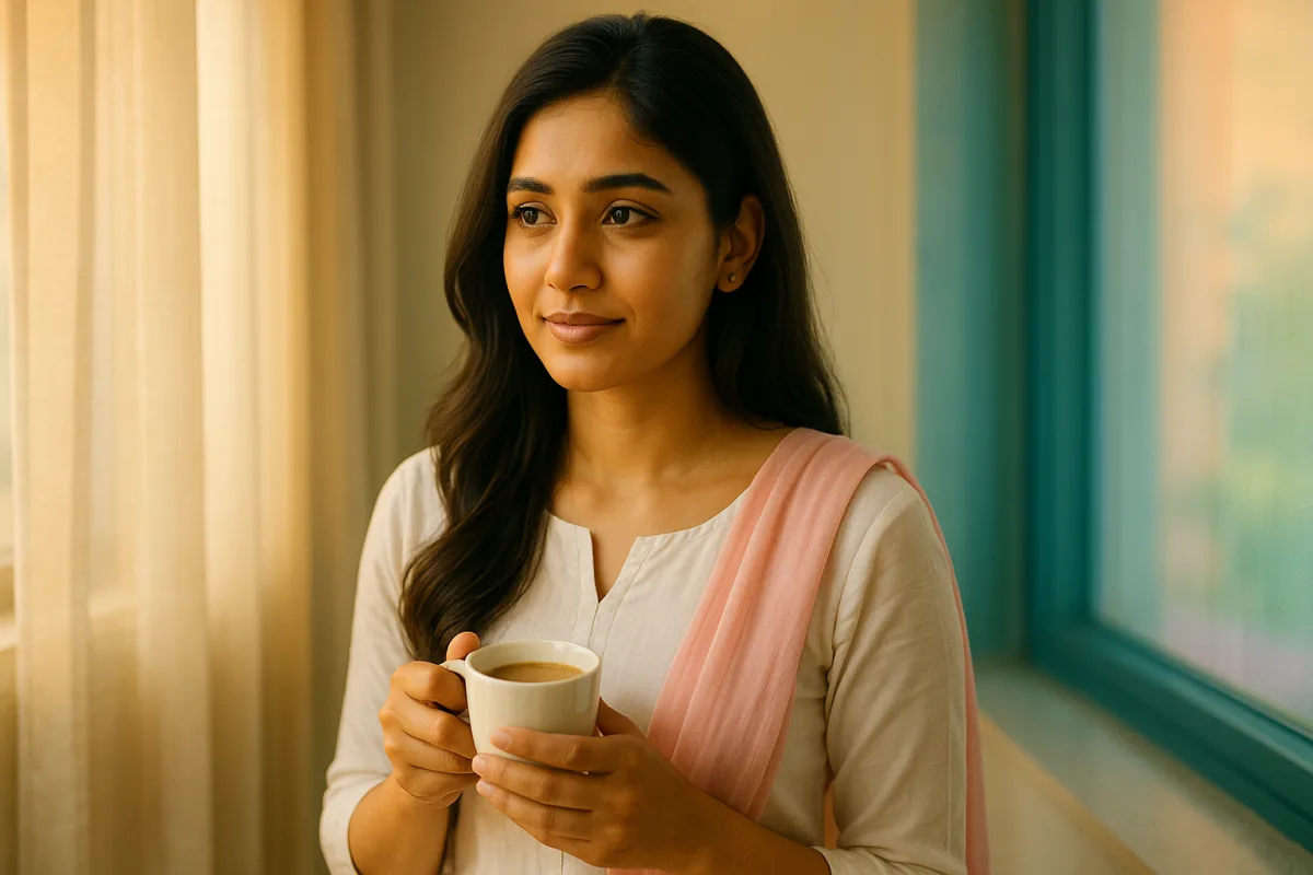 కిటికీ పక్కన కాఫీ కప్పుతో ప్రశాంతంగా ఆలోచిస్తున్న యువతి