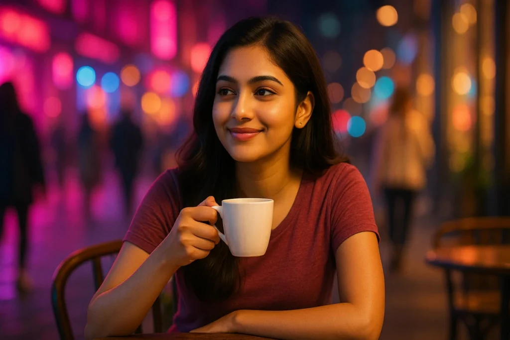 రాత్రి నగర వెలుగుల మధ్య కాఫీ కప్పుతో చిరునవ్వు చిందిస్తున్న తెలుగు యువతి