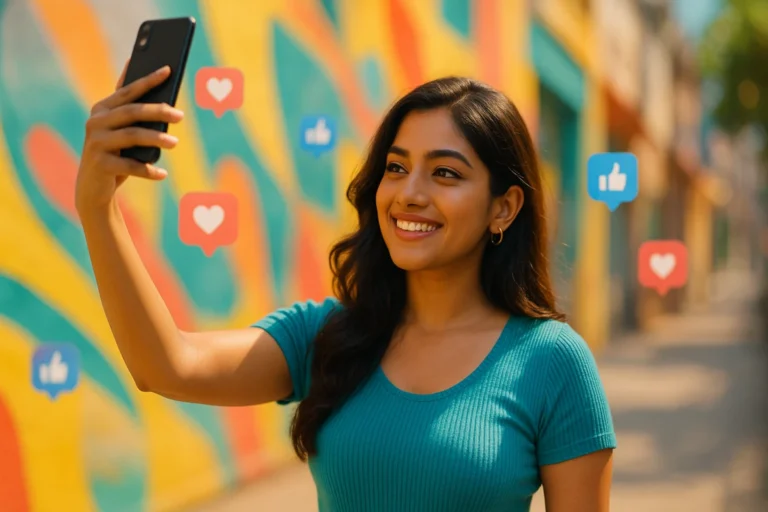రంగురంగుల గోడ ముందు సెల్ఫీ తీసుకుంటూ చిరునవ్వుతో ఉన్న యువతి, చుట్టూ లైక్‌ మరియు హార్ట్‌ ఐకాన్లు తేలుతున్నాయి