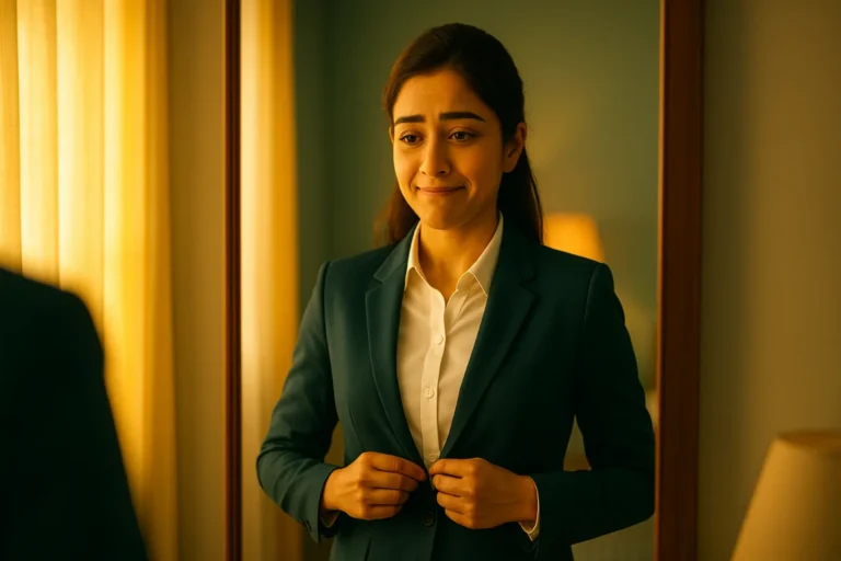 అద్దం ముందు నిలబడి బ్లేజర్‌ వేసుకుంటూ అర్థనవ్వుతో తన భయాన్ని దాచుకుంటున్న యువ తెలుగు అమ్మాయి.