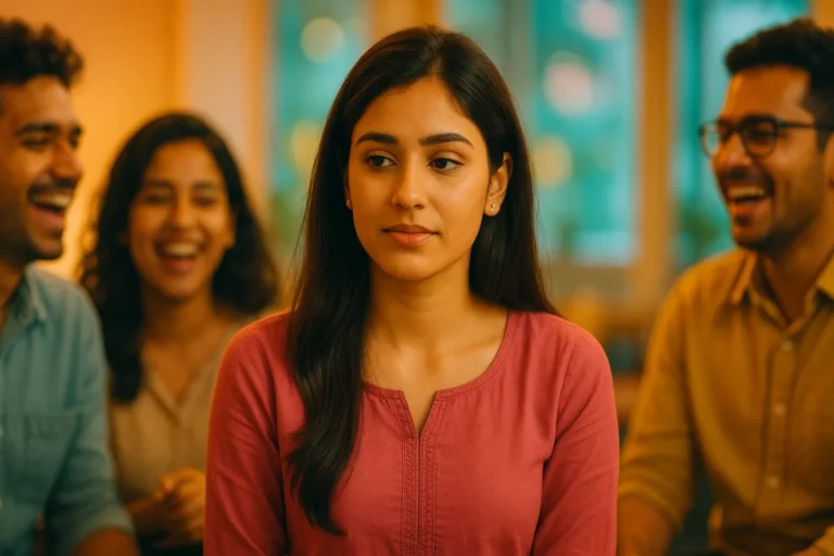 చుట్టూ నవ్వులు వినిపిస్తున్నా లోపల ఒంటరితనంతో కూర్చున్న యువతి