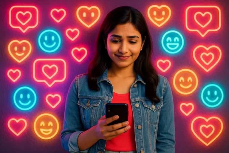 హార్ట్‌ మరియు స్మైల్‌ ఎమోజీల లైట్స్ మధ్య ఫోన్‌ చూస్తూ ఆలోచనలో మునిగిపోయిన యువతి