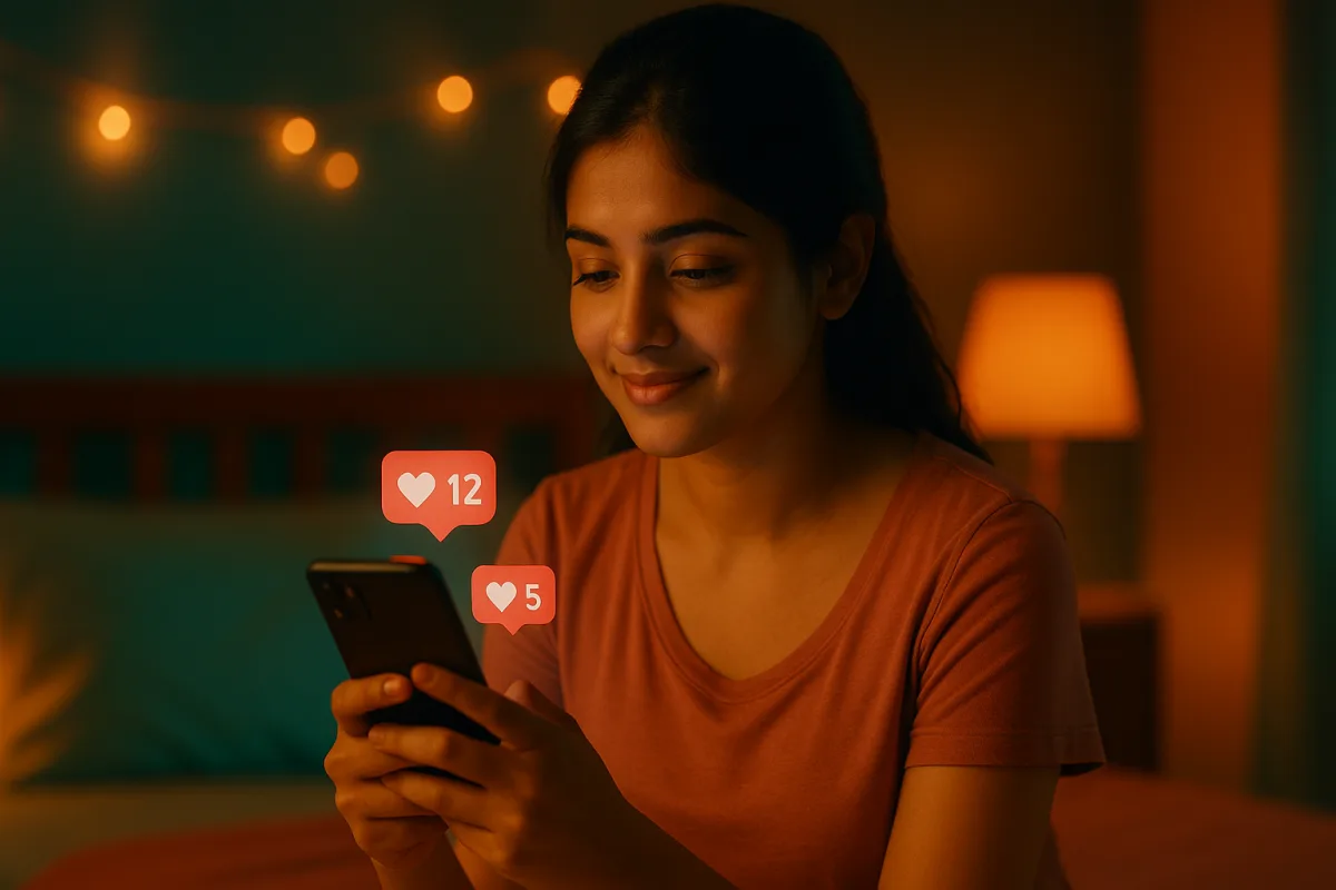 రాత్రివేళ ఫెయిరీ లైట్స్ మధ్య ఫోన్‌ చూస్తూ లైక్స్‌ వచ్చినప్పుడు చిరునవ్వు చిందిస్తున్న యువ తెలుగు అమ్మాయి.