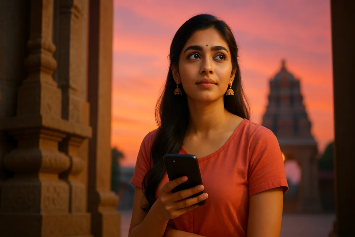సూర్యాస్తమయం సమయంలో ఆలయం దగ్గర ఫోన్ పట్టుకుని ఆలోచనలో మునిగిన యువతి