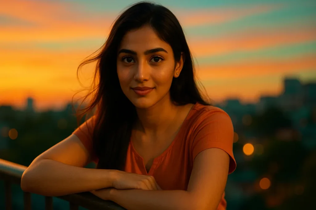 సాయంత్రపు కాంతిలో మేడపై కూర్చుని ప్రశాంతంగా చూస్తున్న యువతి