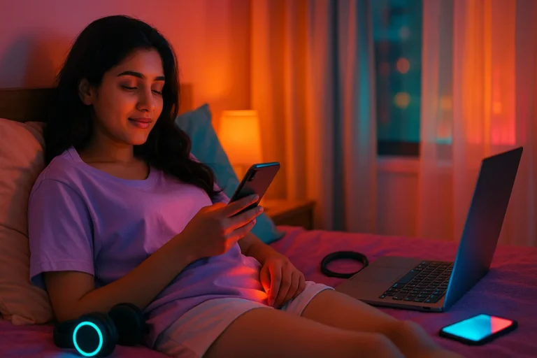 బెడ్‌పై ఫోన్‌ చూస్తూ స్మైల్‌ చేస్తున్న యువతి, పక్కన ల్యాప్‌టాప్‌ మరియు హెడ్‌ఫోన్స్‌ ఉన్న సాయంత్రపు గది