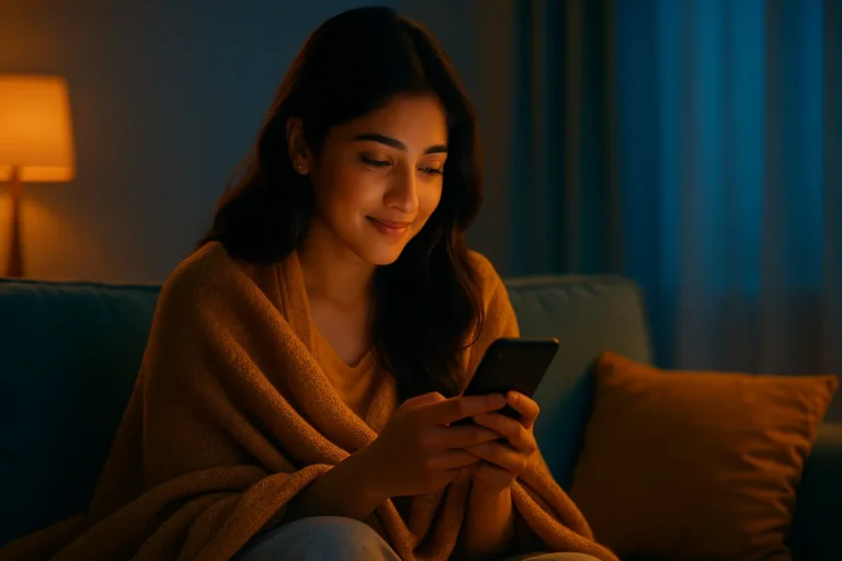 రాత్రి సమయంలో కంబళి కప్పుకుని ఫోన్‌ చూస్తూ మెల్లగా నవ్వుతున్న యువ తెలుగు అమ్మాయి.