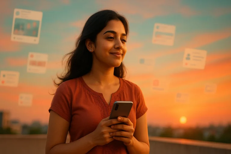 సాయంత్రం ఆకాశం క్రింద ఫోన్ పట్టుకుని ప్రశాంతంగా నవ్వుతున్న యువతి, చుట్టూ సోషల్ మీడియా పోస్టుల ప్రతీకలు తేలుతున్నాయి