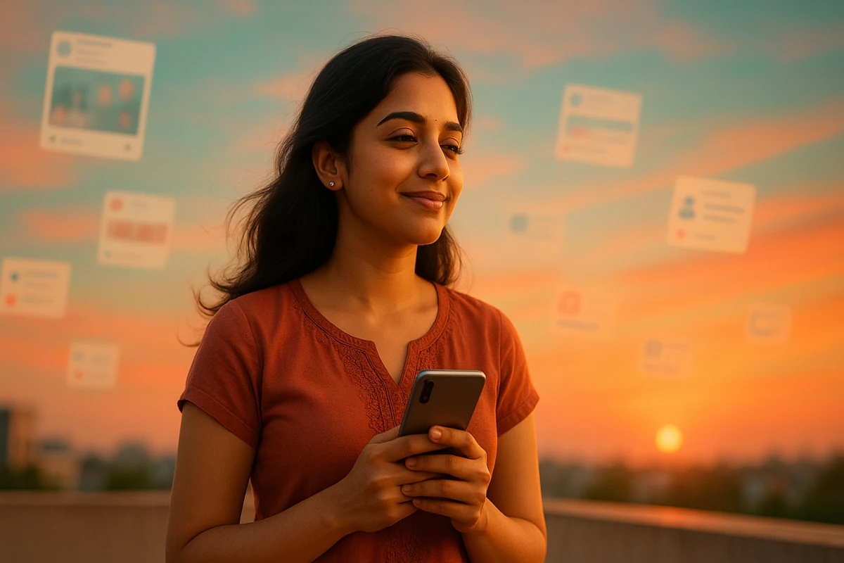 సాయంత్రం ఆకాశం క్రింద ఫోన్ పట్టుకుని ప్రశాంతంగా నవ్వుతున్న యువతి, చుట్టూ సోషల్ మీడియా పోస్టుల ప్రతీకలు తేలుతున్నాయి