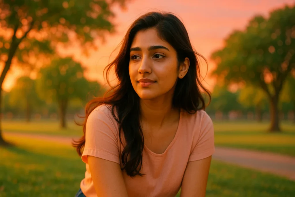 సాయంత్రపు సూర్యకాంతిలో పార్క్‌లో కూర్చుని ఆలోచనల్లో మునిగిపోయిన యువతి.