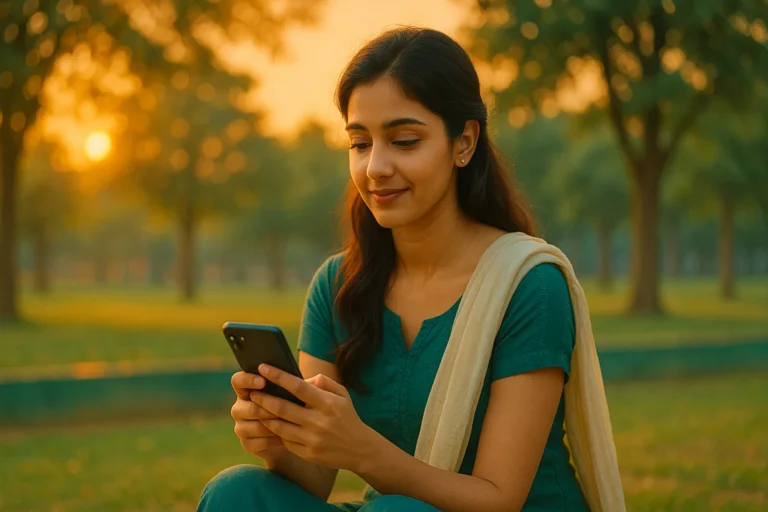 పార్క్‌లో సాయంత్రపు కాంతిలో ఫోన్‌ చూస్తూ మృదువుగా నవ్వుతున్న అమ్మాయి.