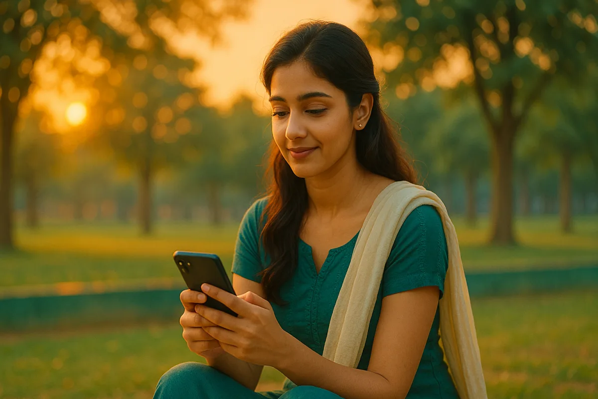 పార్క్‌లో సాయంత్రపు కాంతిలో ఫోన్‌ చూస్తూ మృదువుగా నవ్వుతున్న అమ్మాయి.