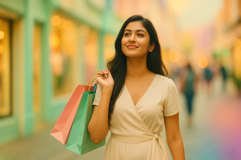 నగర వీధిలో షాపింగ్ బ్యాగ్స్ పట్టుకుని సంతోషంగా నడుస్తున్న తెలుగు యువతి