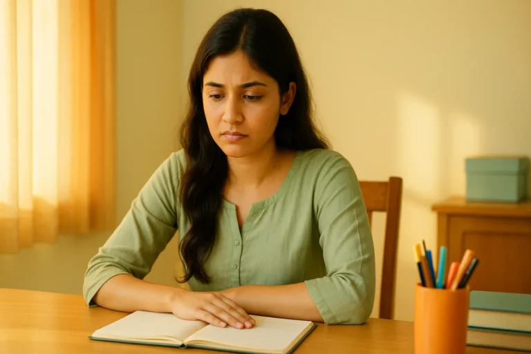 టేబుల్‌ ముందు నోటుబుక్‌ తెరిచి, అలసటతో చూస్తున్న యువ తెలుగు అమ్మాయి.