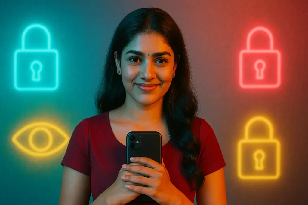 తన ఫోన్‌ను కాపాడుకుంటూ నమ్మకంగా చిరునవ్వు చిందిస్తున్న యువతి