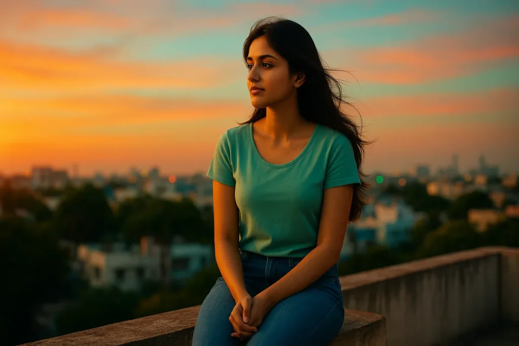 సూర్యాస్తమయం కాంతిలో రూఫ్‌టాప్‌పై ప్రశాంతంగా కూర్చుని ఆలోచనలో ఉన్న యువతి