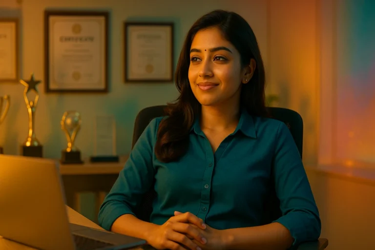 ల్యాప్‌టాప్ ముందు కూర్చుని ట్రోఫీలు, సర్టిఫికేట్లు నేపథ్యంగా ఆత్మవిశ్వాసంగా నవ్వుతున్న యువతి