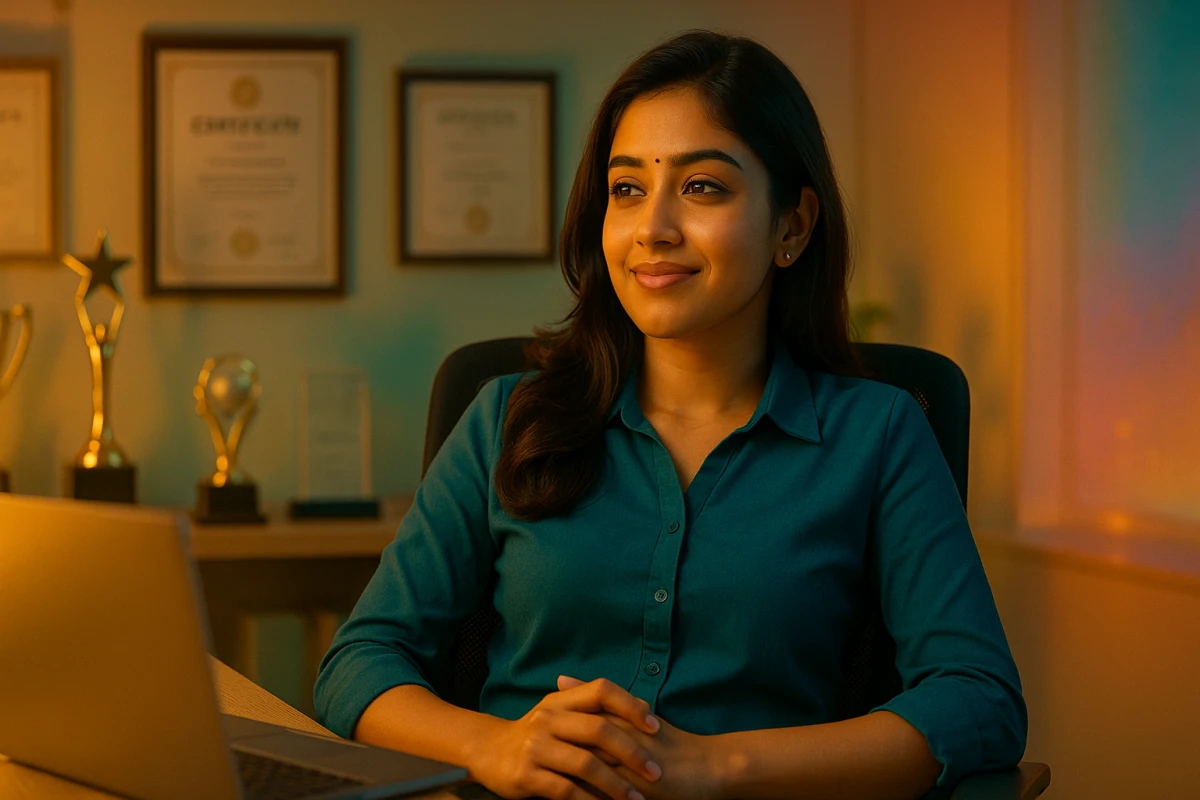 ల్యాప్‌టాప్ ముందు కూర్చుని ట్రోఫీలు, సర్టిఫికేట్లు నేపథ్యంగా ఆత్మవిశ్వాసంగా నవ్వుతున్న యువతి