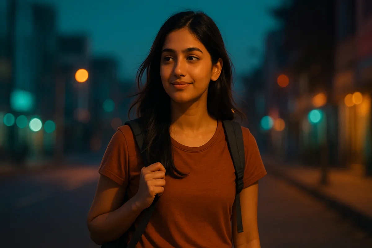 సాయంత్రం వీధిలో బ్యాగ్‌ వేసుకుని ప్రశాంతంగా నడుస్తున్న అమ్మాయి.