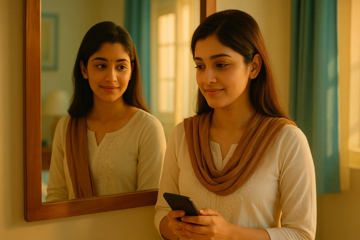 అద్దం ముందు నిలబడి ఫోన్‌ పట్టుకుని మెల్లగా నవ్వుతున్న యువ తెలుగు అమ్మాయి.