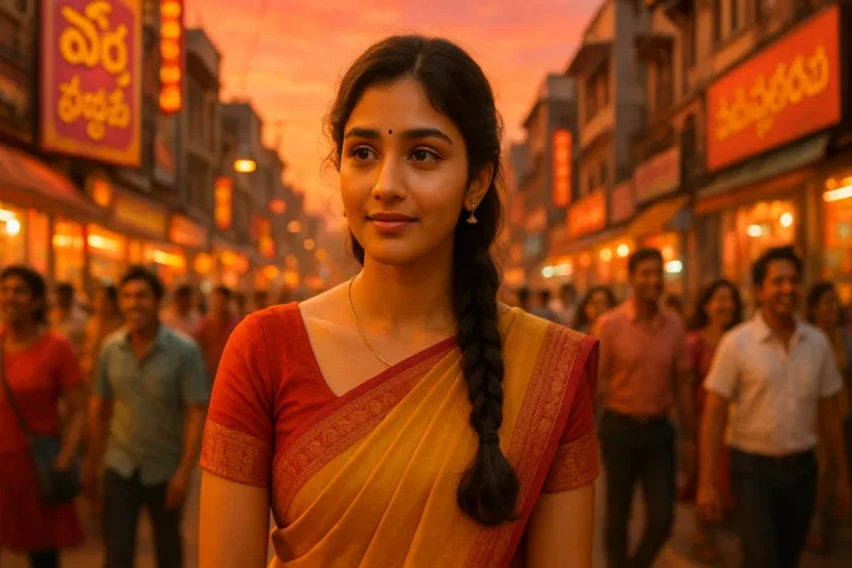 సాయంత్రపు కాంతుల్లో వీధిలో నడుస్తున్న తెలుగు అమ్మాయి, ముఖంలో ఆలోచనలతో నిండిన ప్రశాంతమైన చిరునవ్వు.