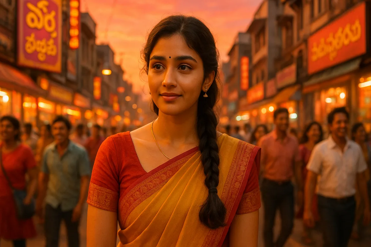 సాయంత్రపు కాంతుల్లో వీధిలో నడుస్తున్న తెలుగు అమ్మాయి, ముఖంలో ఆలోచనలతో నిండిన ప్రశాంతమైన చిరునవ్వు.