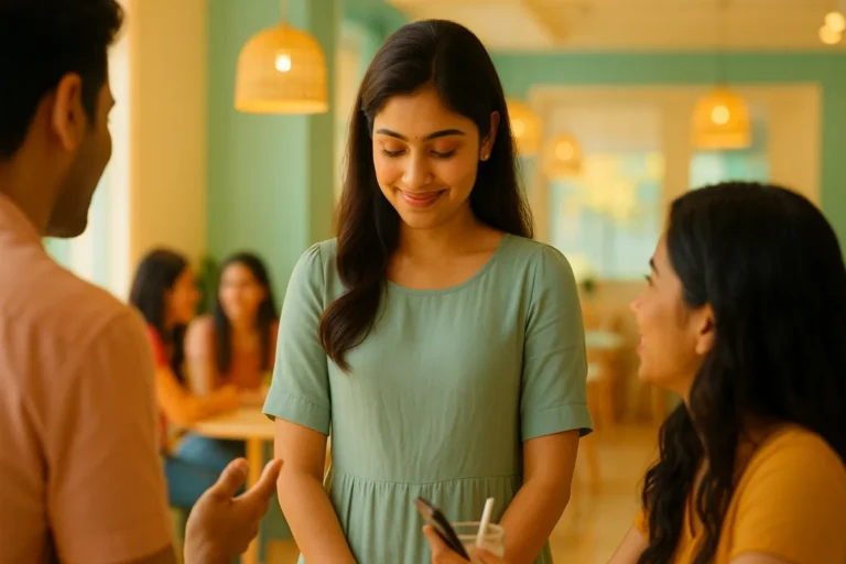 కేఫ్‌లో స్నేహితుల మధ్య సిగ్గుతో తలదించుకుంటూ చిరునవ్వు చిందిస్తున్న తెలుగు అమ్మాయి.